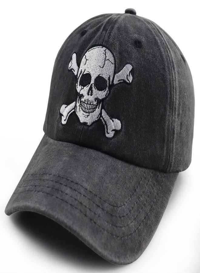 Vxchkerm Skeleton Skull Decor Hats for Men Women, Funny Embroidered Skull and Crossbones Baseball Cap, Adjustable Washed Distressed Vintage Halloween Decorations Hat for Mom Dad Grandpa Grandma Friends Black - Image 2